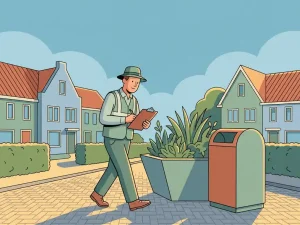 Gemeentelijke inspecteur met klembord inspecteert groene plantenbakken en afvalbak op nette Nederlandse woonstraat.