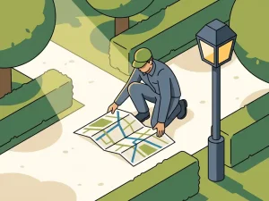 Gemeentewerker hurkt over een gedrukte kaart op een zonnig parkpad, omringd door gesnoeide hagen en een lantaarnpaal.