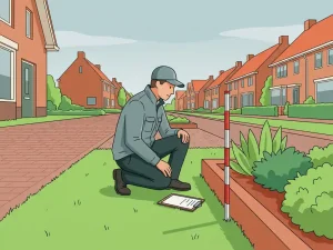 Veldmedewerker hurkt bij gemaaid groenstrook met klembord, meetlat in plantsoenvak, Nederlandse woonstraat met klinkers op achtergrond.