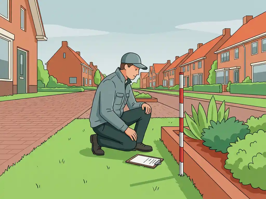 Veldmedewerker hurkt bij gemaaid groenstrook met klembord, meetlat in plantsoenvak, Nederlandse woonstraat met klinkers op achtergrond.
