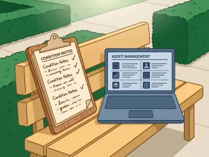 Klembord met veldinventarisatie en laptop met assetbeheeroverzicht op een parkbank, omgeven door verzorgde hagen en bestrating.