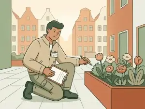 Woningcorporatie-inspecteur met klembord bij verzorgd bloemperk naast Nederlandsе appartementenblokken, vlakke illustratiestijl.