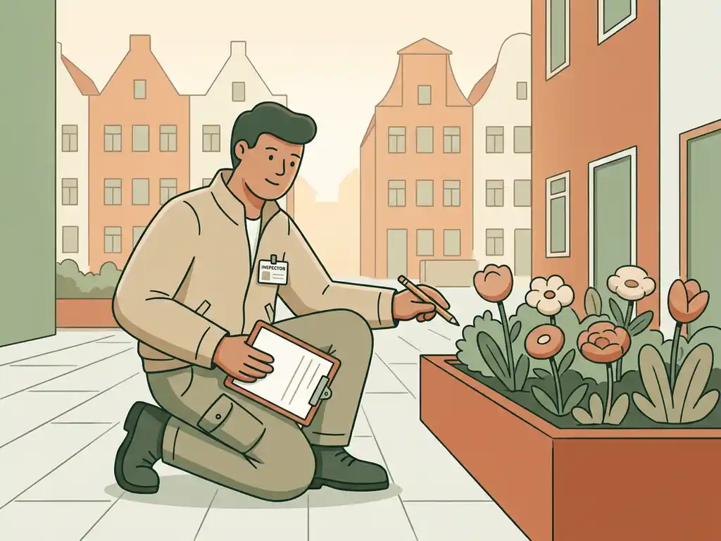 Woningcorporatie-inspecteur met klembord bij verzorgd bloemperk naast Nederlandsе appartementenblokken, vlakke illustratiestijl.
