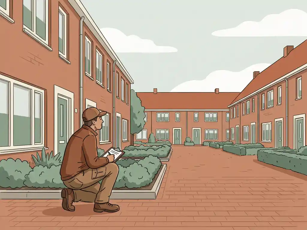 Woningcorporatie-inspecteur gehurkt bij verzorgd tuinbed in sociale huurwoning, klembord op knie, controleert heggen en bestrating.