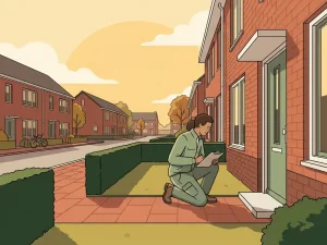 Woningcorporatie-inspecteur met klembord bij verzorgde bakstenen woningingang, controleert heg en pad in Nederlandse buitenwijk.