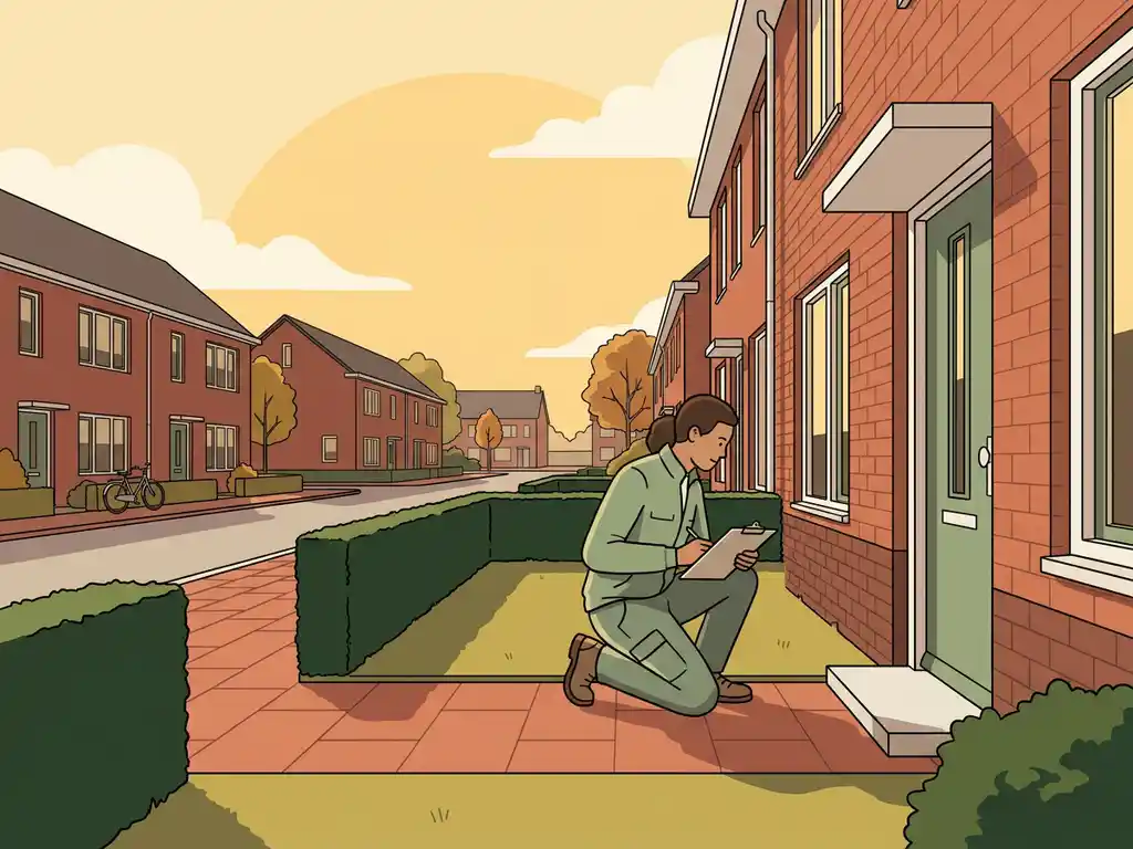 Woningcorporatie-inspecteur met klembord bij verzorgde bakstenen woningingang, controleert heg en pad in Nederlandse buitenwijk.