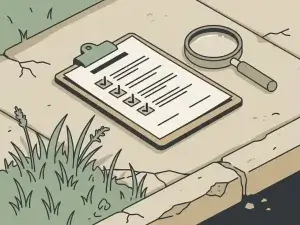 Klembord met checklist en vergrootglas op verweerd betonnen trottoir, met gras en gebarsten stoeprand, vlakke vectorillustratie.