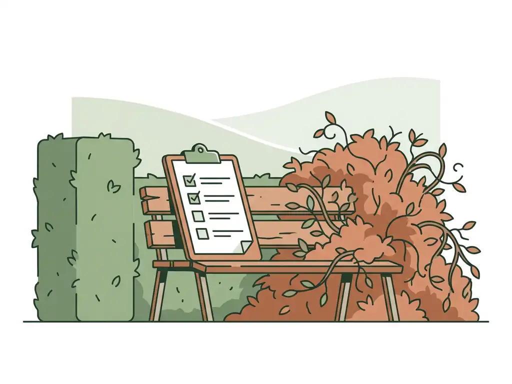 Klembord met checklist tegen een verweerde parkbank, geflankeerd door een verzorgde haag en een verwaarloosde struik.