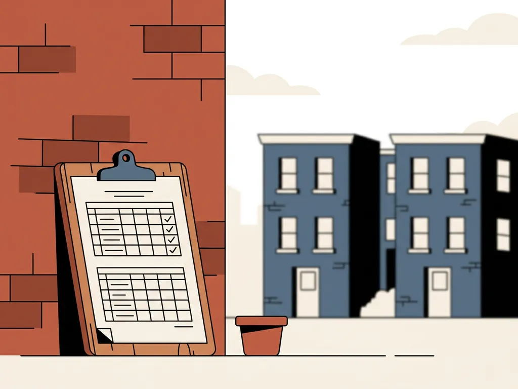Klembord met inspectielijsten tegen een bakstenen appartementengebouw, twee identieke woonblokken zichtbaar op de achtergrond.