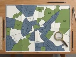 Gedetailleerde gemeentekaart op tekentafel met wijkgrenzen, groenzones en een vergrootglas op een woonwijk.