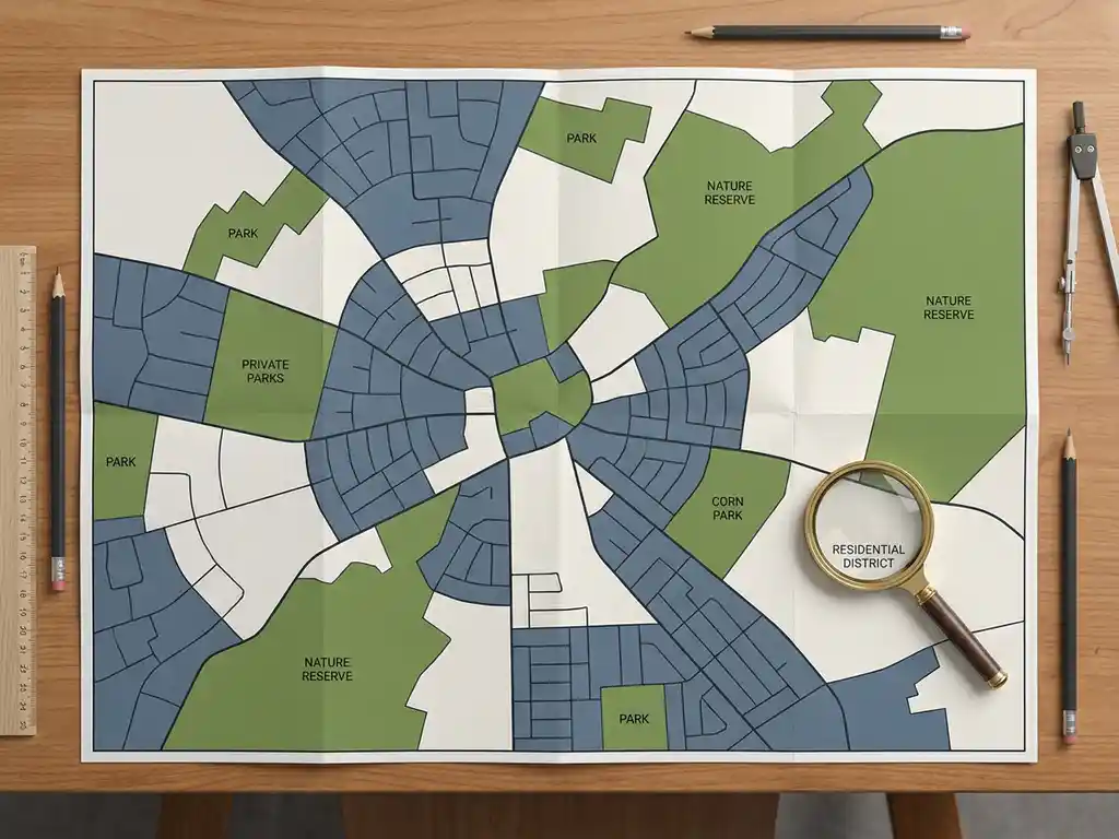 Gedetailleerde gemeentekaart op tekentafel met wijkgrenzen, groenzones en een vergrootglas op een woonwijk.