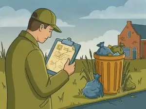 Gemeenteambtenaar bestudeert versleten inspectierapport naast overvolle afvalbak en verwaarloosde berm op Nederlandse straat.