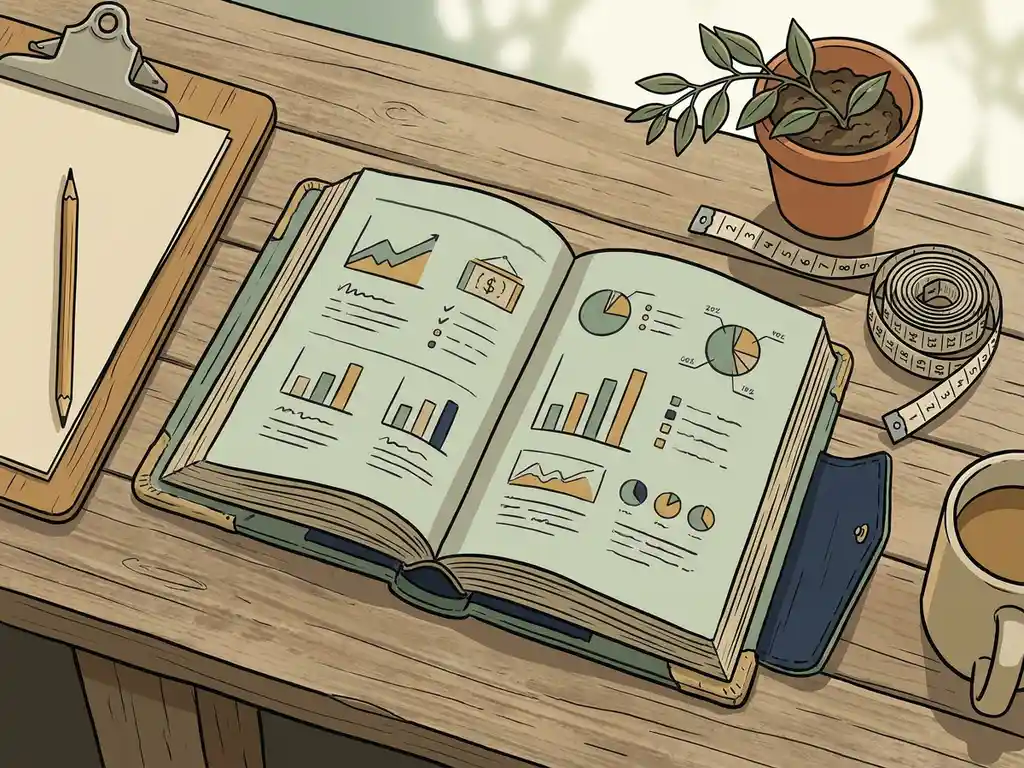 Versleten gemeentelijk onderhoudsboek op verweerde tafel met klembord, meetlint en struikknipsel voor budgetplanning openbaar groen.