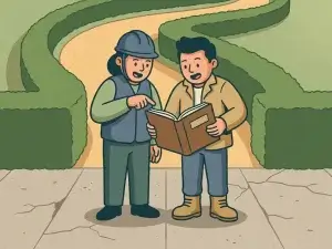 Gemeentelijke inspecteur en aannemer bekijken samen een inspectieboek op een betonnen wegdek, met een onderhouden parkpad op de achtergrond.