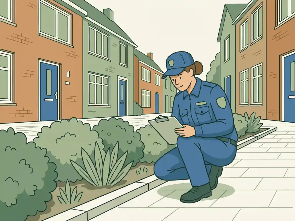 Gemeentelijke inspecteur hurkt bij een plantvak in een Nederlandse woonstraat, klembord op knie, bakstenen huizen op de achtergrond.