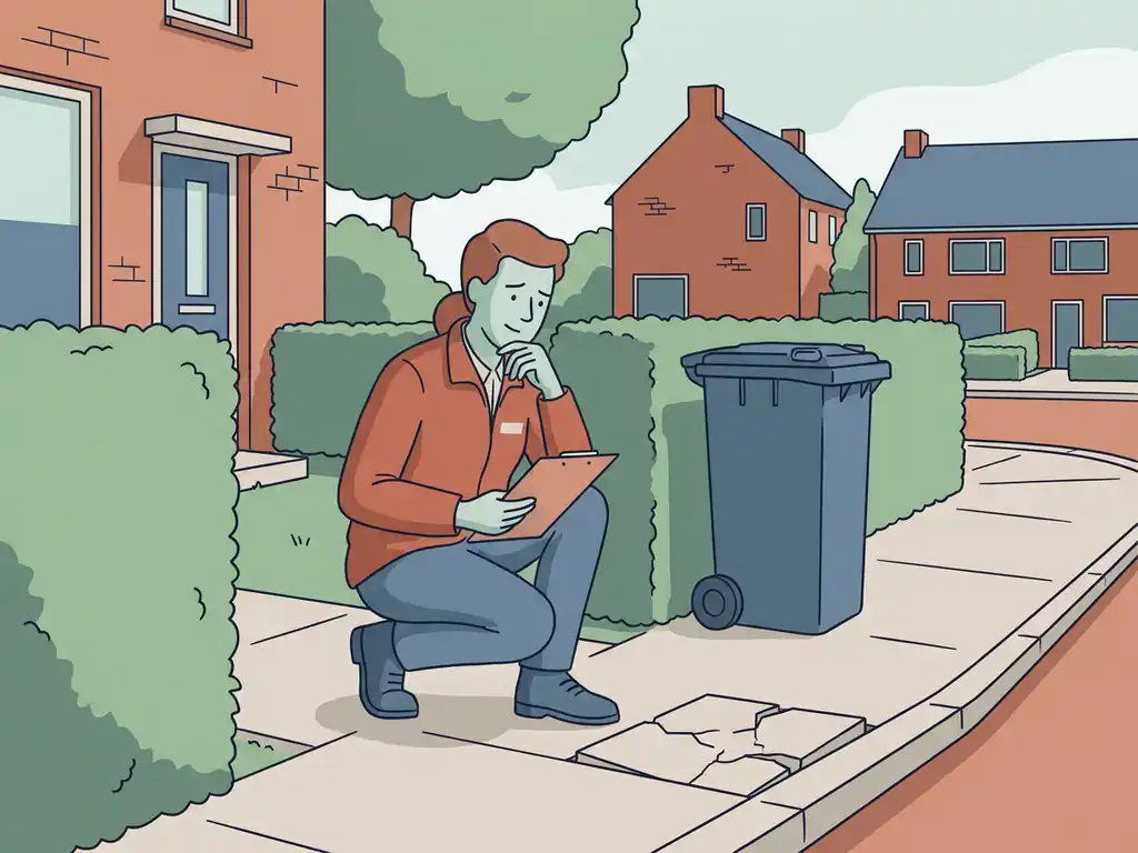 Gemeentelijke inspecteur hurkt bij gebarsten stoeptegel op Nederlandse woonstraat, klembord op knie, vector illustratie.