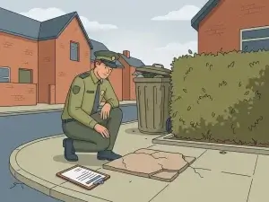 Gemeentelijke inspecteur naast gebarsten stoeptegel op Nederlandse woonstraat, met overvolle vuilnisbak en overgroeid heg op achtergrond.