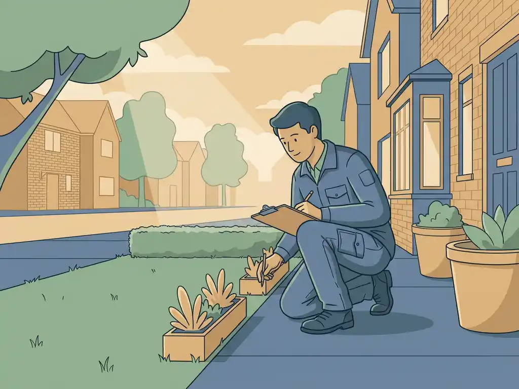 Gemeentelijke inspecteur hurkt bij een verzorgde grasrand op een Nederlandse woonstraat, klembord op knie, zachte daglichtfiltering door boomkruin.