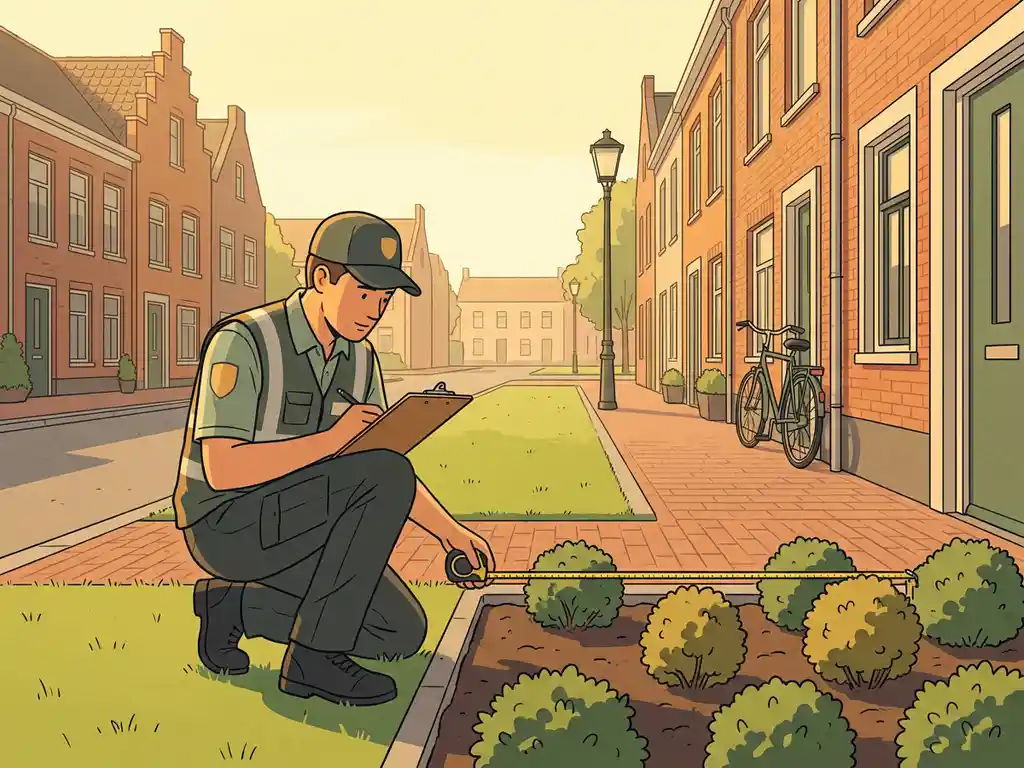 Gemeentelijke inspecteur met klembord naast verzorgde groenstrook met heesters op rustige Nederlandse woonstraat, ochtendlicht.