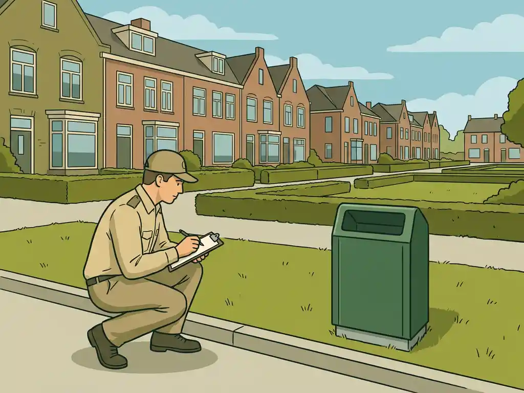 Gemeentelijke inspecteur met klembord bij goed onderhouden groenstrook langs Nederlandse woonstraat op zonnige dag.