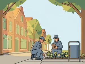 Gemeentelijke inspecteur hurkt bij een verzorgde grasrand op een Nederlandse woonstraat, met klembord en bloemperk in warm middaglicht.