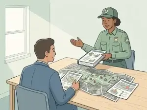Gemeentelijk inspecteur overhandigt visueel kwaliteitsrapport aan ambtenaar, met wijkkaarten en conditiescores op vergadertafel.