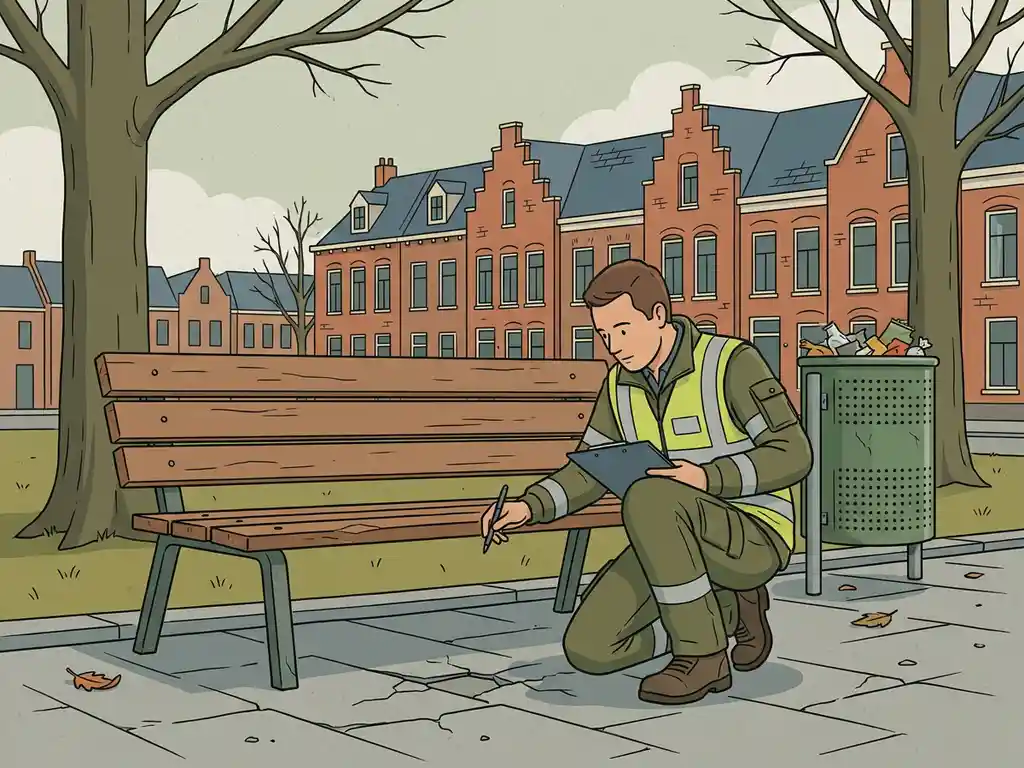 Gemeentelijke inspecteur bij verweerde parkbank op Nederlandse woonstraat, controleert gescheurde bestrating en overvolle afvalbak.