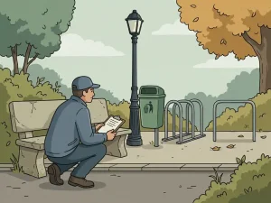 Gemeentelijke inspecteur hurkt bij een verweerde stenen bank in een park, klembord in hand, naast een rij straatmeubilair met een opvallende lege plek.