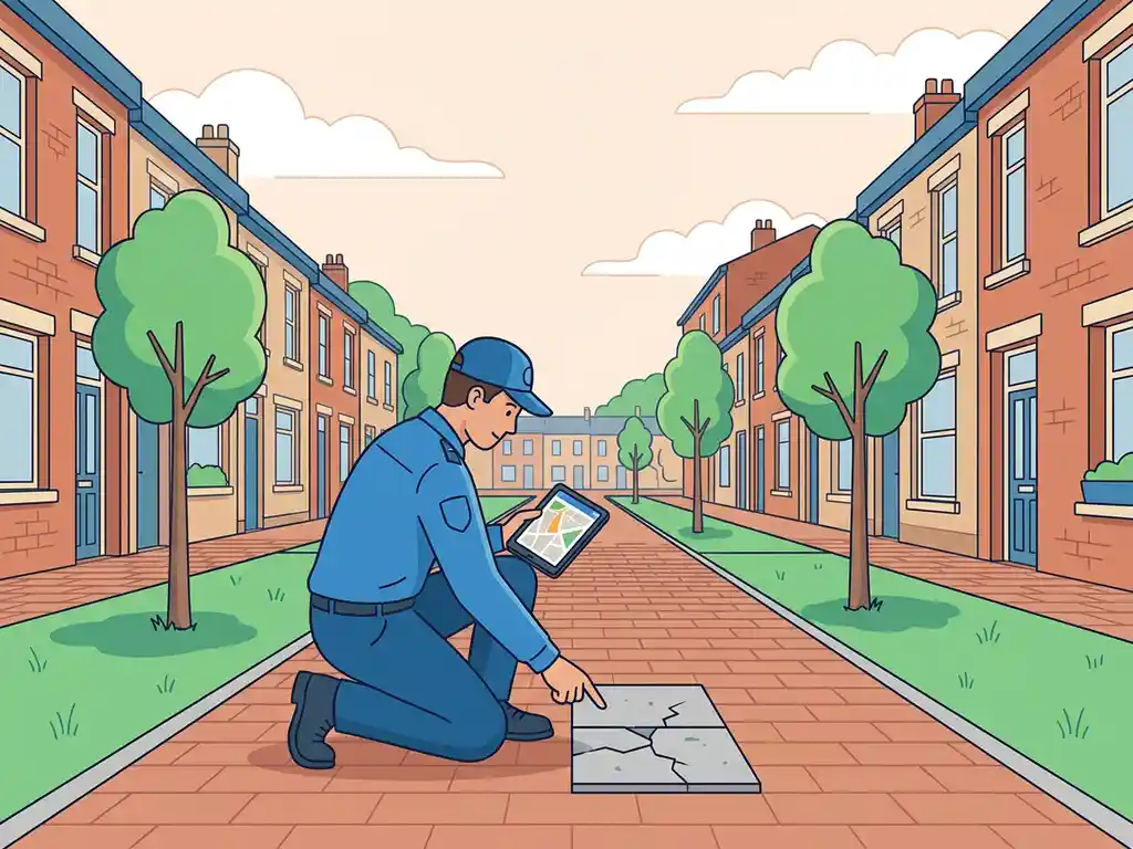 Gemeentelijke inspecteur hurkt bij gebarsten stoeptegel op Nederlandse woonstraat, tablet in hand, omgeven door bakstenen huizen en straatbomen.