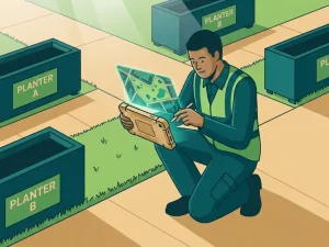 Gemeentemedewerker bij grasrand die digitale parkkaart bijwerkt op robuuste veldtablet, omgeven door plantenbakken en voetpad.