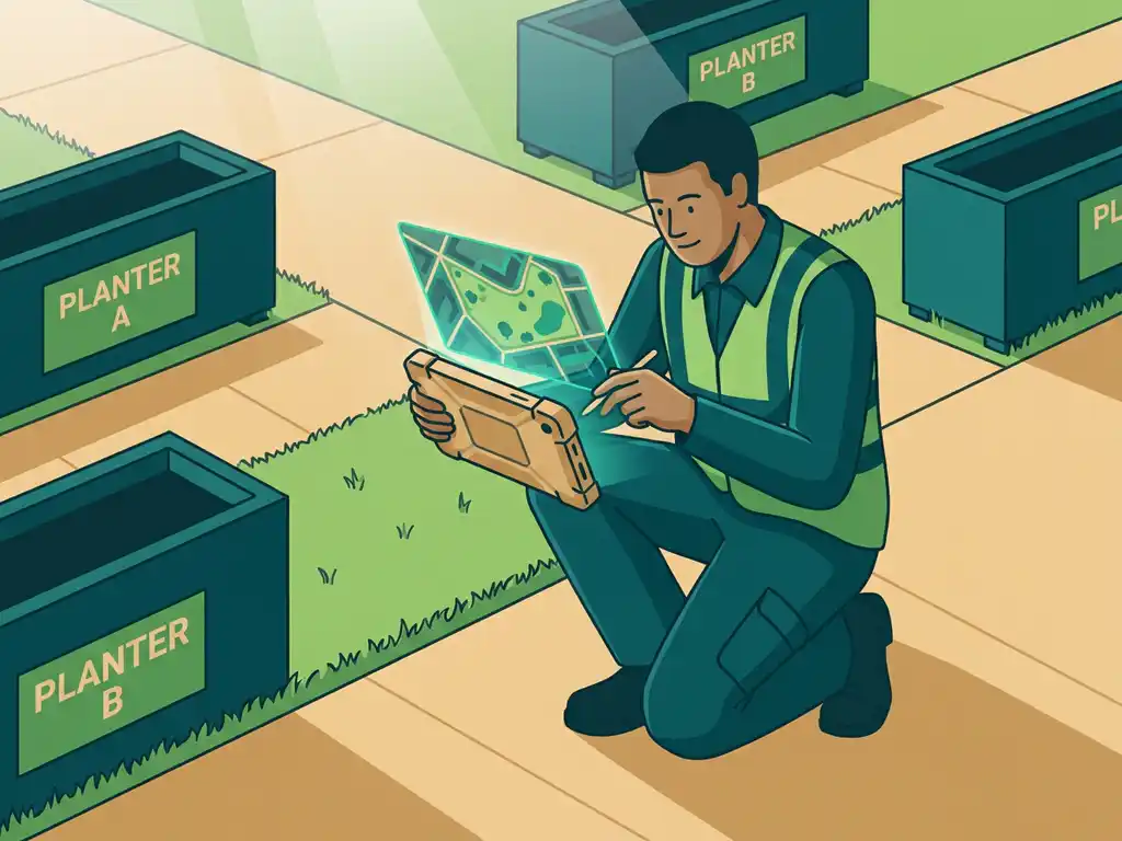 Gemeentemedewerker bij grasrand die digitale parkkaart bijwerkt op robuuste veldtablet, omgeven door plantenbakken en voetpad.