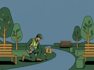 Gemeentewerker in veiligheidsvest plant een vlaggetje langs een parkpad, omringd door bomen, banken en heggen.
