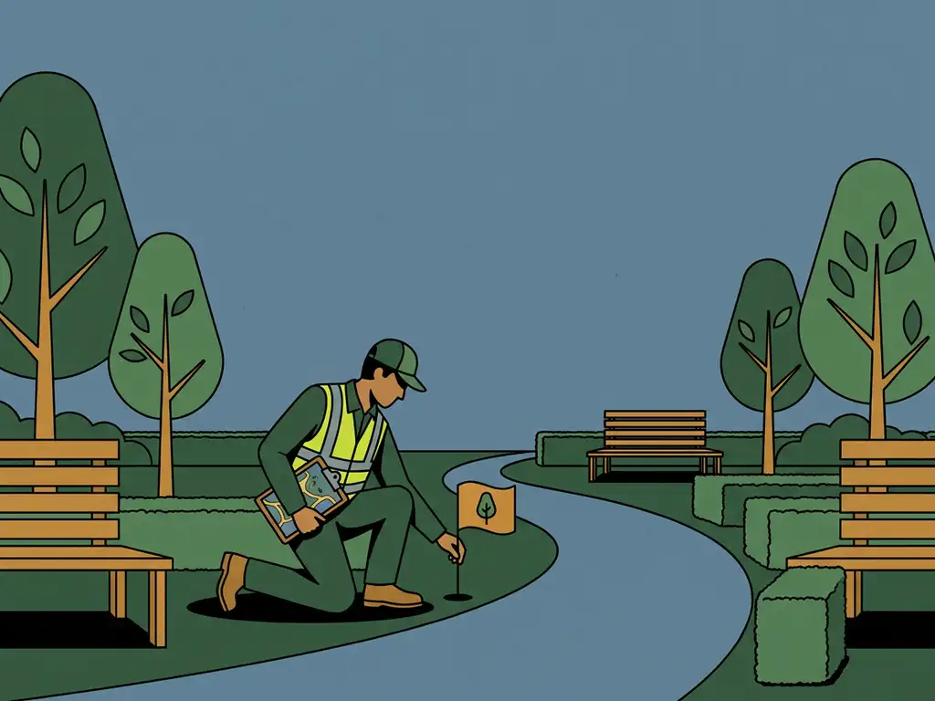 Gemeentewerker in veiligheidsvest plant een vlaggetje langs een parkpad, omringd door bomen, banken en heggen.