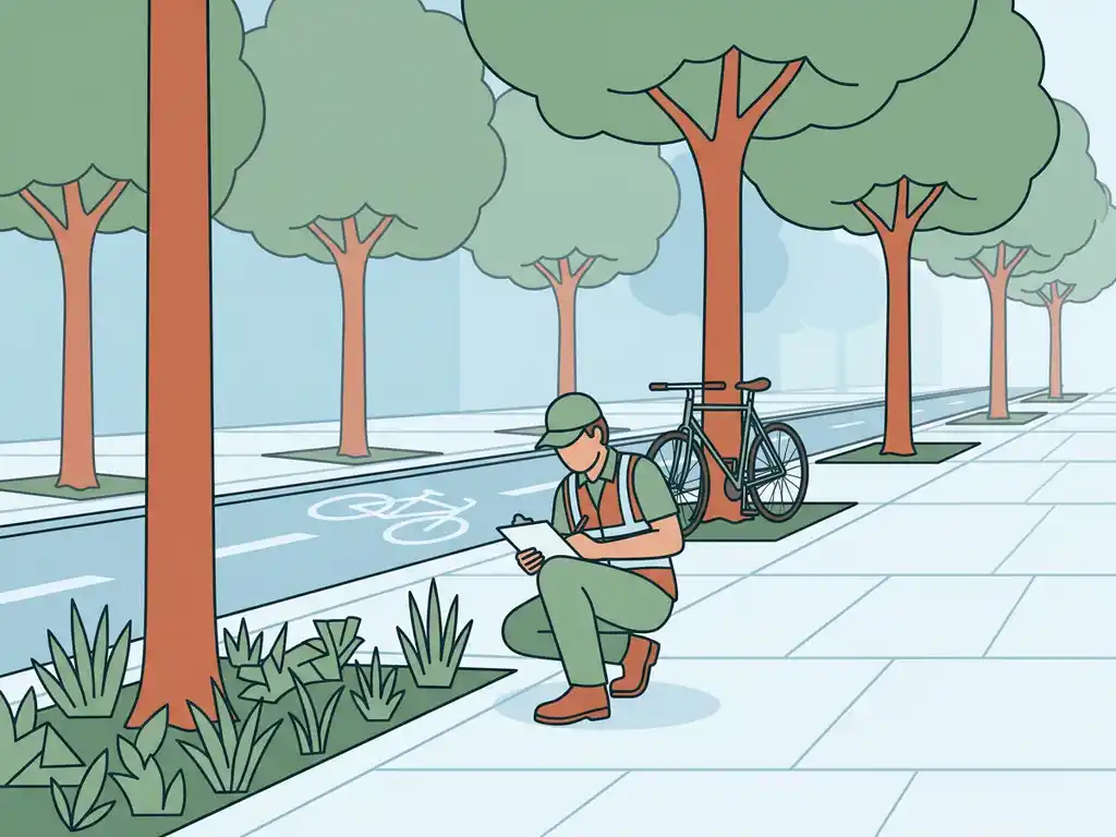 Gemeentemedewerker inspecteert groenstrook op Nederlands trottoir met klembord, fietspad en straatbomen op achtergrond.