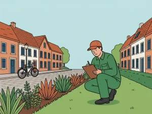 Gemeentewerker hurkt bij verzorgde grasrand op Nederlandse woonstraat, klembord in hand, met rijwoningen en fiets op achtergrond.