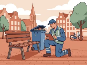 Gemeentewerker knielt bij verweerde bankje en volle prullenbak op bakstenen plein, klembord in hand, Nederlandse stadsgezicht op achtergrond.