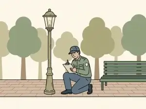 Gemeentewerker met klembord naast verweerde straatlantaarn op een bakstenen trottoir, met stadsbomen en een groene bank.