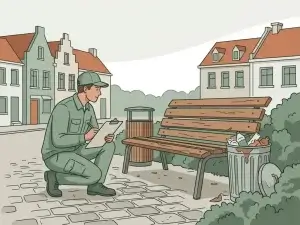 Gemeentewerker inspecteert parkbank en overvolle afvalbak in Nederlandse woonwijk, klembord in hand.