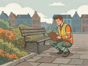 Gemeentewerker in veiligheidsvest inspecteert verweerde stoeptegels en overwoekerd plantvak bij een parkbank in een woonwijk.