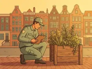 Gemeentemedewerker inspecteert verweerde straatplanter met clipboard op zonnig Nederlands trottoir, bakstenen herenhuizen op achtergrond.