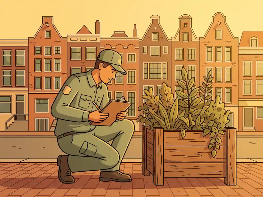 Gemeentemedewerker inspecteert verweerde straatplanter met clipboard op zonnig Nederlands trottoir, bakstenen herenhuizen op achtergrond.
