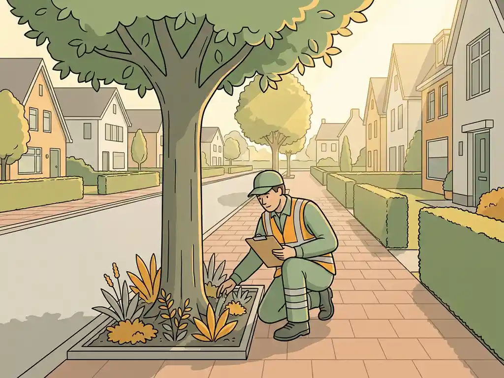 Gemeentewerker inspecteert de voet van een straatboom op een verzorgde Nederlandse woonstraat, klembord in de hand.