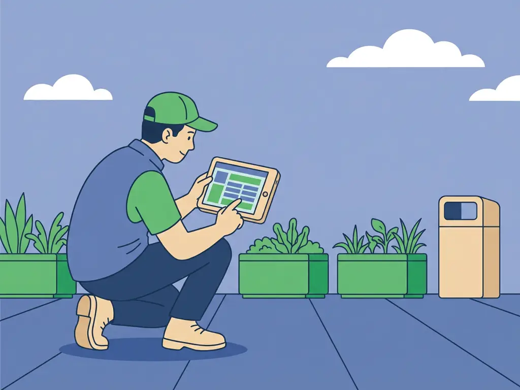Veldinspecteur hurkt bij een stadsplein en vult een digitaal formulier in op een robuuste tablet, met plantenbakken en vuilnisbak op de achtergrond.