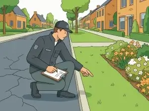 Gemeentelijke inspecteur hurkt bij een gescheurde asfaltweg en inspecteert een grasrand met bloeiende struiken op een Nederlandse woonstraat.
