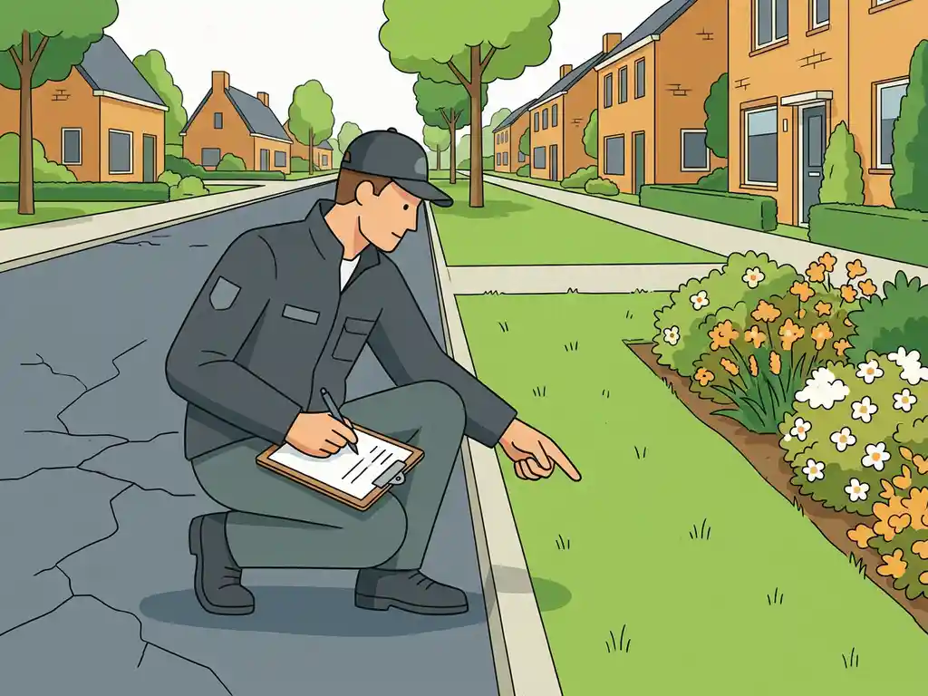 Gemeentelijke inspecteur hurkt bij een gescheurde asfaltweg en inspecteert een grasrand met bloeiende struiken op een Nederlandse woonstraat.