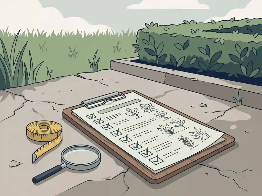 Klembord met checklist naast meetlint en vergrootglas op verweerd beton, omgeven door groen gras en een verzorgd struikbed.