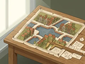 Verouderde papieren kaart van een Nederlandse wijk op een eiken tafel, met een meetlat en handgeschreven veldnotities.