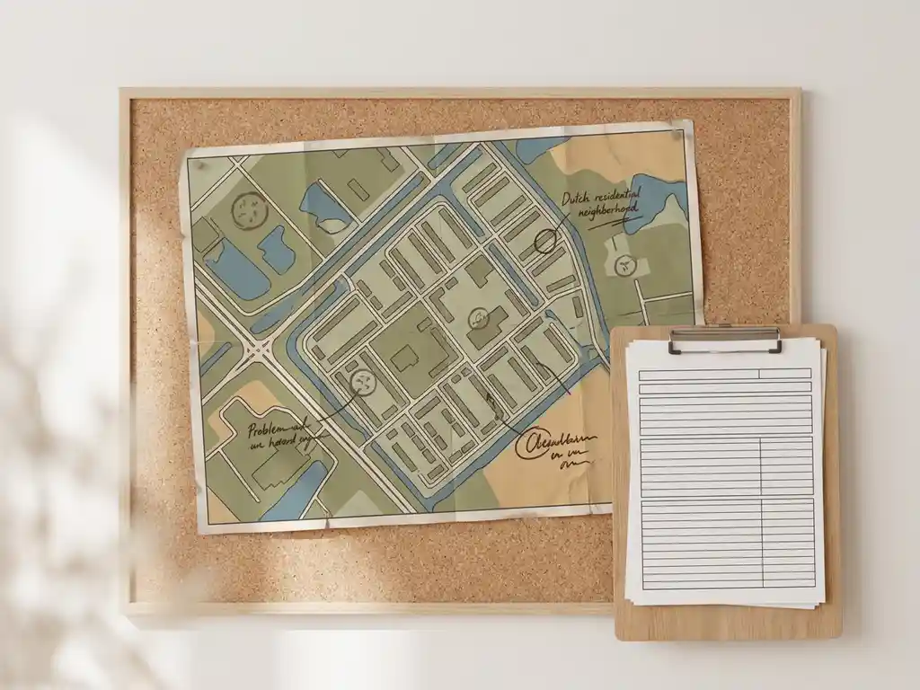 Verouderde papieren plattegrond van een Nederlandse woonwijk op een kurken bord, met aantekeningen en een leeg inspectieklembord ernaast.