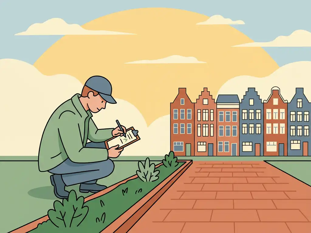 Landmeter hurkt op zonnige Nederlandse woonstraat, klembord in hand, bij bakstenen stoep en groene plantstrook, rijwoningen op achtergrond.