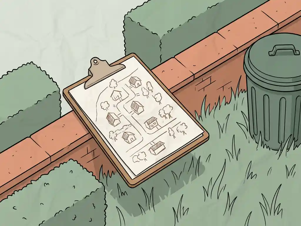 Klembord met handgetekende plattegrond van wooncomplex op lage tuinmuur, omgeven door heggen en gras.